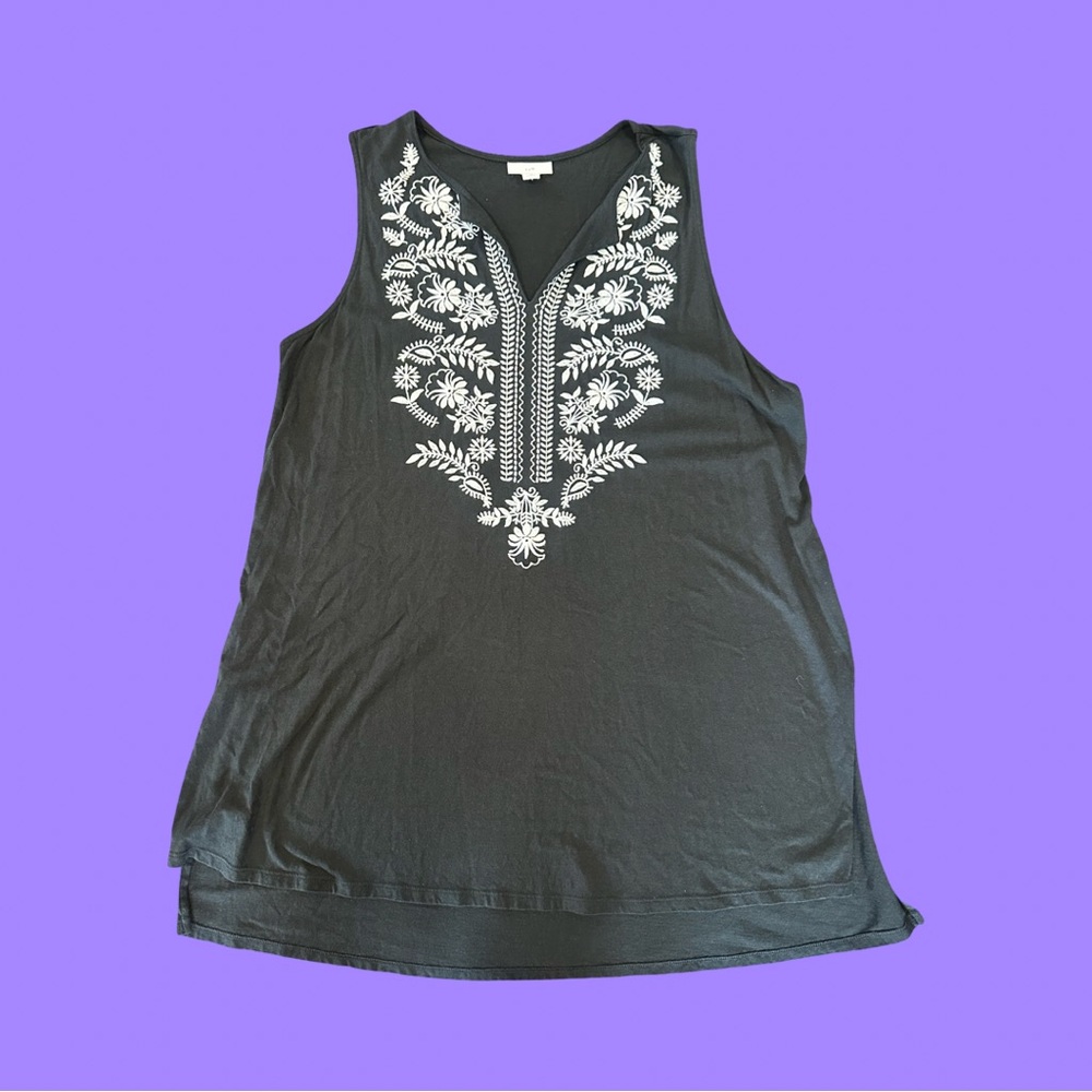 J. Jill Black Tank Top with White Embroidery